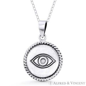Evil Eye Luck Charm 27mm Circle Pendant in Oxidized .925 Sterling Silver